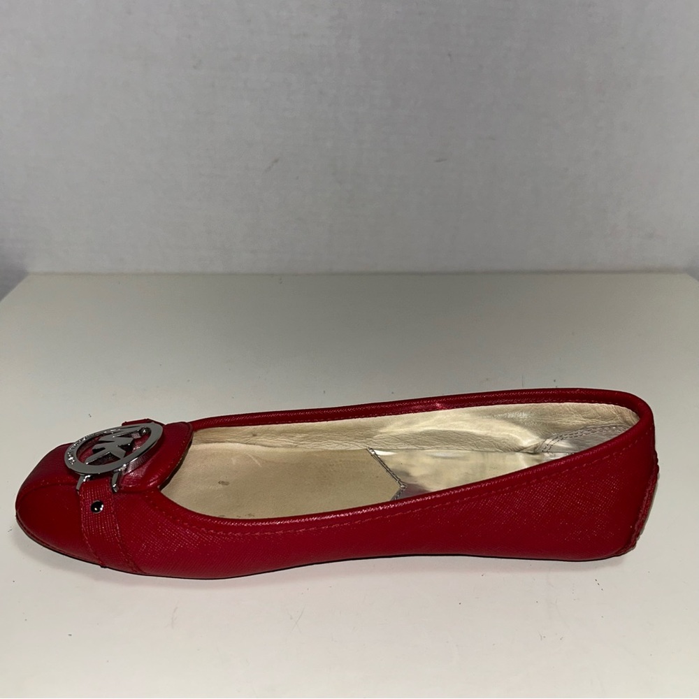 Michael Kors Fulton MK Gold Logo Red Saffiano Leather Slip On Ballet Flat - Picture 5 of 13